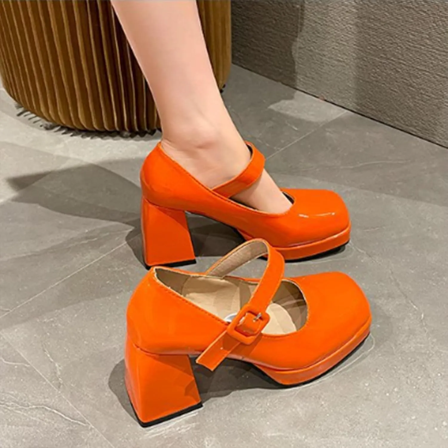 Aflngle Women's Platform Chunky Block Heels Mary Jane Pumps Square Closed Toe Low Heels Ankle Strap Buckle Lolita Shoes Elegant Comfortable Wedding Party Evening Prom Dress Shoes