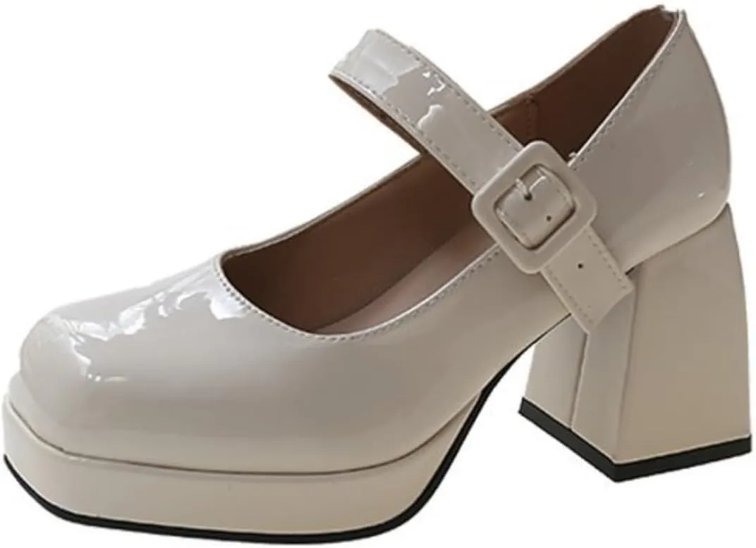 Aflngle Women's Platform Chunky Block Heels Mary Jane Pumps Square Closed Toe Low Heels Ankle Strap Buckle Lolita Shoes Elegant Comfortable Wedding Party Evening Prom Dress Shoes