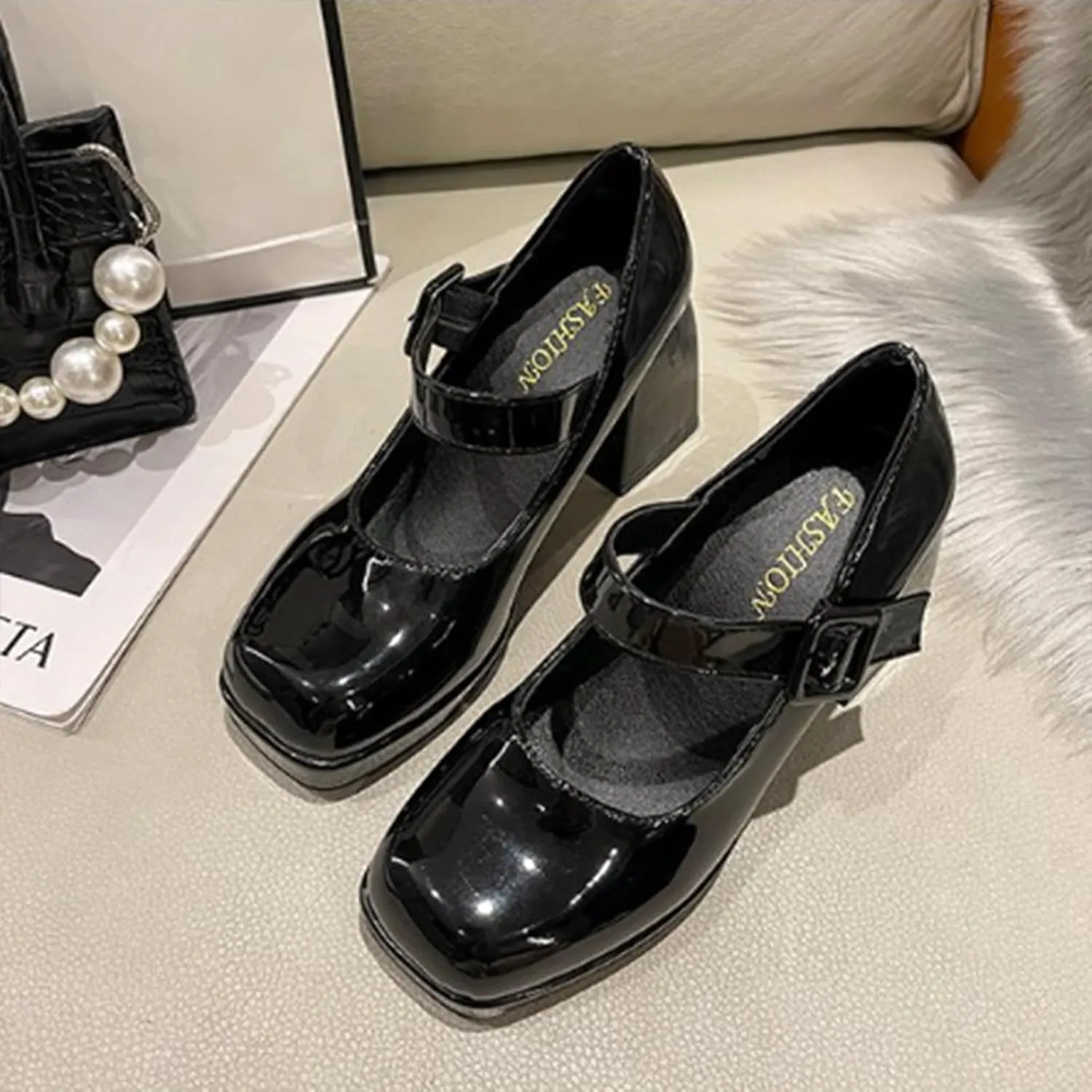 Aflngle Women's Platform Chunky Block Heels Mary Jane Pumps Square Closed Toe Low Heels Ankle Strap Buckle Lolita Shoes Elegant Comfortable Wedding Party Evening Prom Dress Shoes