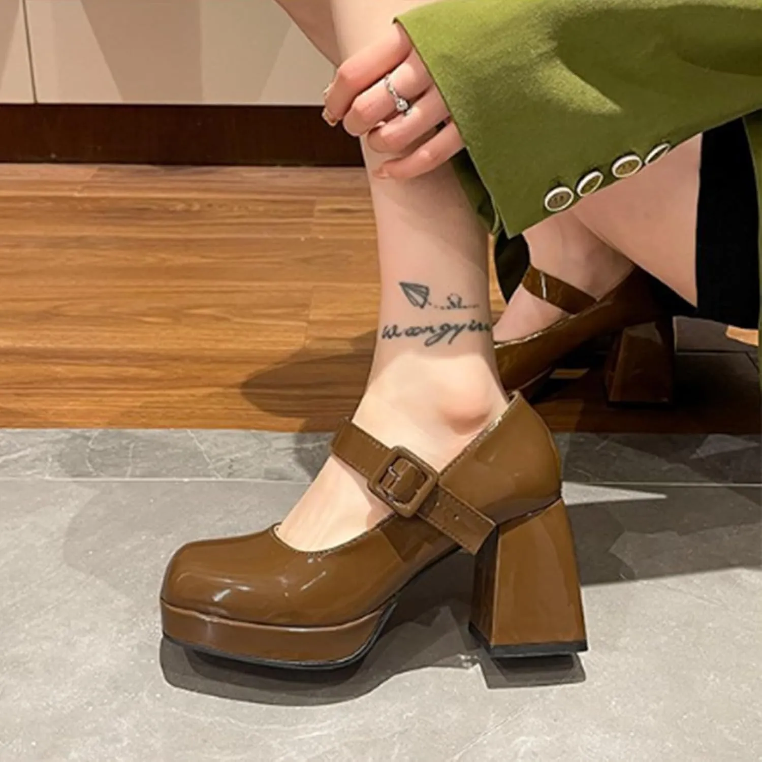 Aflngle Women's Platform Chunky Block Heels Mary Jane Pumps Square Closed Toe Low Heels Ankle Strap Buckle Lolita Shoes Elegant Comfortable Wedding Party Evening Prom Dress Shoes
