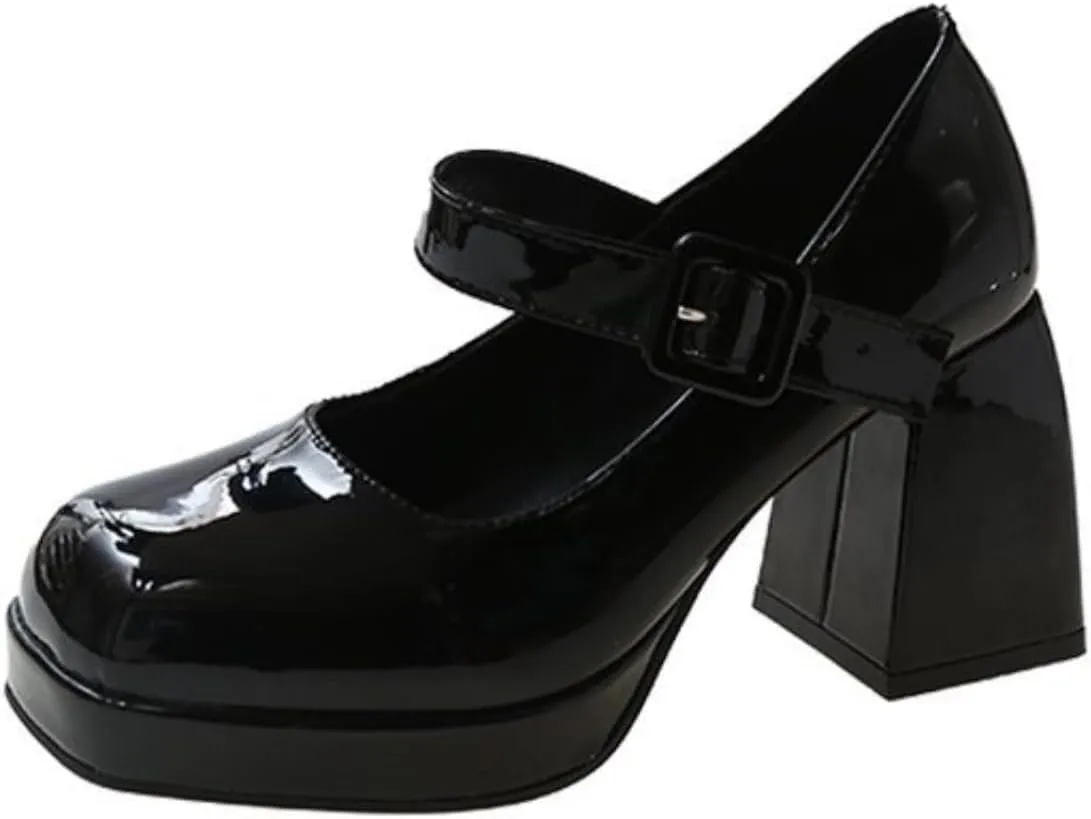 Aflngle Women's Platform Chunky Block Heels Mary Jane Pumps Square Closed Toe Low Heels Ankle Strap Buckle Lolita Shoes Elegant Comfortable Wedding Party Evening Prom Dress Shoes
