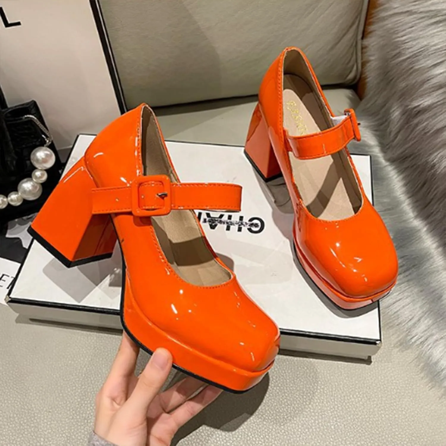 Aflngle Women's Platform Chunky Block Heels Mary Jane Pumps Square Closed Toe Low Heels Ankle Strap Buckle Lolita Shoes Elegant Comfortable Wedding Party Evening Prom Dress Shoes