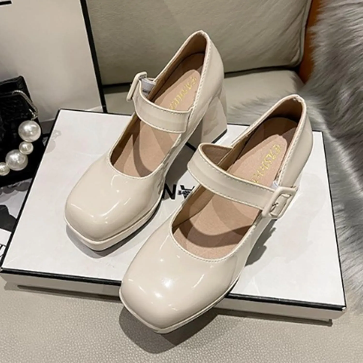 Aflngle Women's Platform Chunky Block Heels Mary Jane Pumps Square Closed Toe Low Heels Ankle Strap Buckle Lolita Shoes Elegant Comfortable Wedding Party Evening Prom Dress Shoes