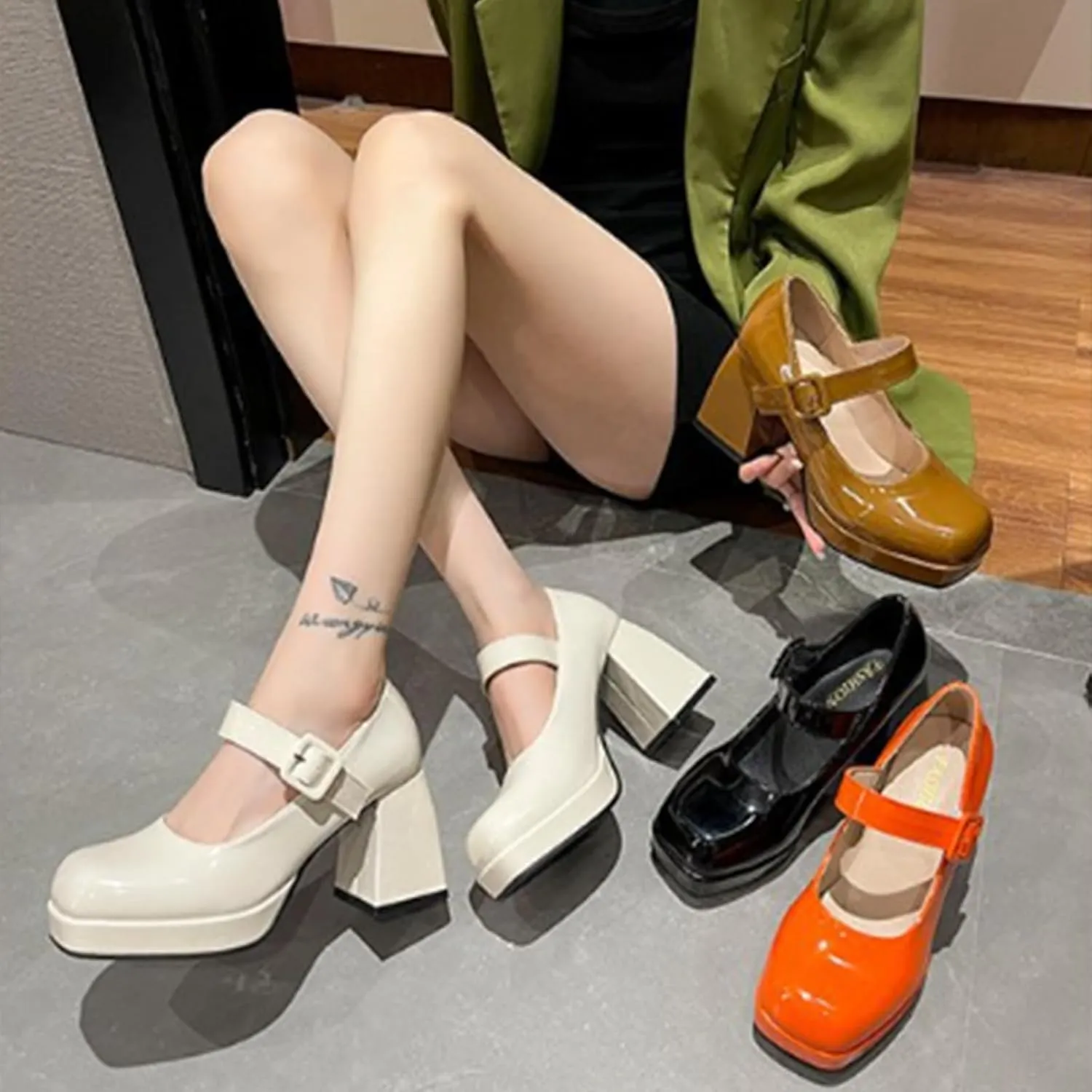 Aflngle Women's Platform Chunky Block Heels Mary Jane Pumps Square Closed Toe Low Heels Ankle Strap Buckle Lolita Shoes Elegant Comfortable Wedding Party Evening Prom Dress Shoes