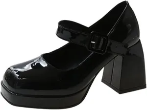Aflngle Women's Platform Chunky Block Heels Mary Jane Pumps Square Closed Toe Low Heels Ankle Strap Buckle Lolita Shoes Elegant Comfortable Wedding Party Evening Prom Dress Shoes
