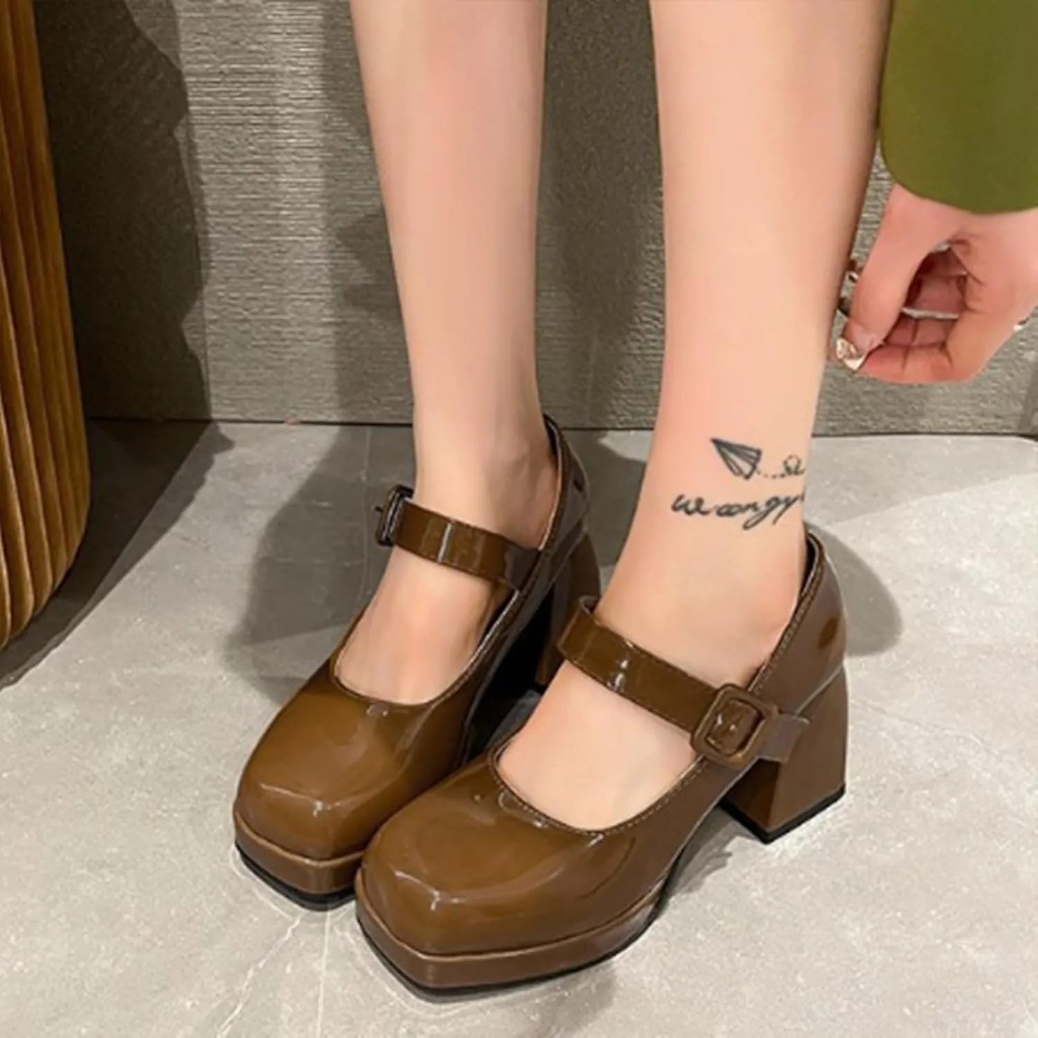 Aflngle Women's Platform Chunky Block Heels Mary Jane Pumps Square Closed Toe Low Heels Ankle Strap Buckle Lolita Shoes Elegant Comfortable Wedding Party Evening Prom Dress Shoes