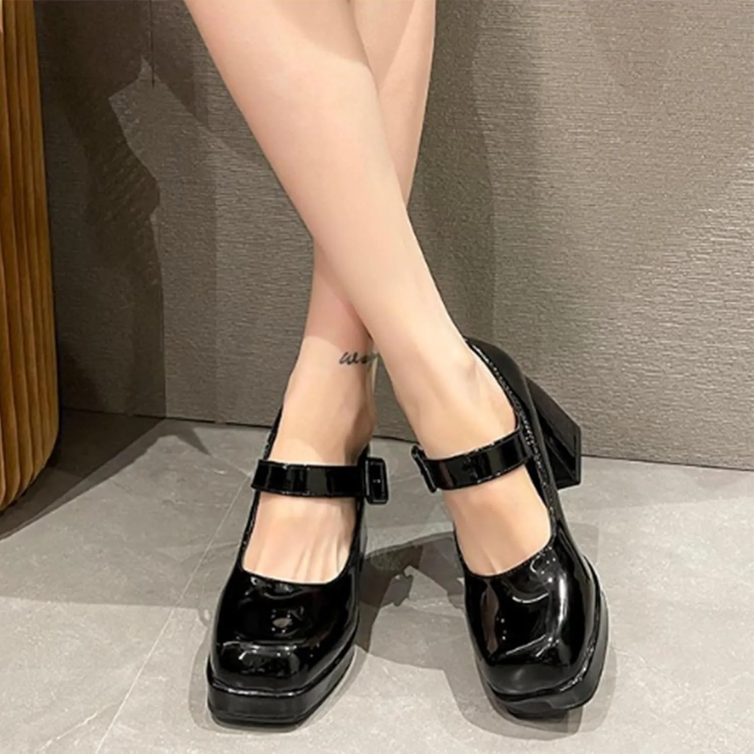Aflngle Women's Platform Chunky Block Heels Mary Jane Pumps Square Closed Toe Low Heels Ankle Strap Buckle Lolita Shoes Elegant Comfortable Wedding Party Evening Prom Dress Shoes