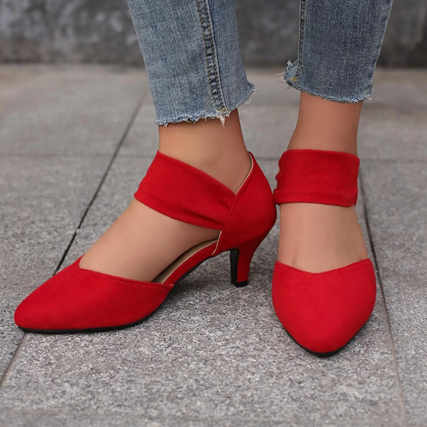 Aflngle Women's Pointed Closed Toe Kitten Low Heel Mary Jane Dress Shoes Comfortable Slip On Ankle Strap Hollow Sandals Elegant Party Wedding Bridal Pumps
