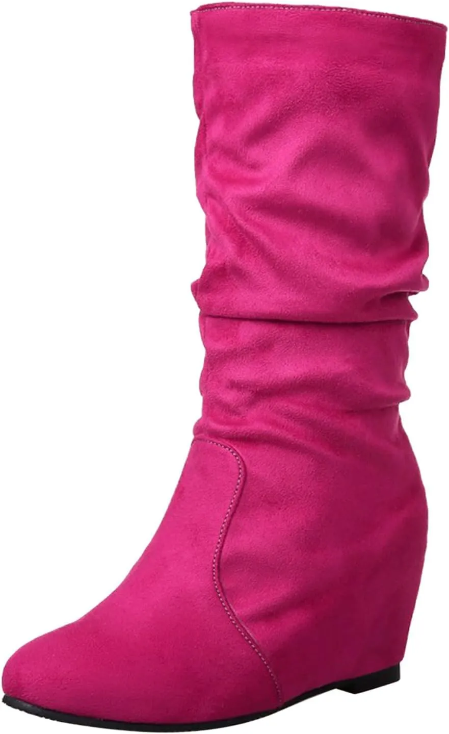 Ankle Boots For Women Retro Wedge Mid-Calf Western Cowboy Boots Zipper Cute Round Toe Knee High Fall Booties