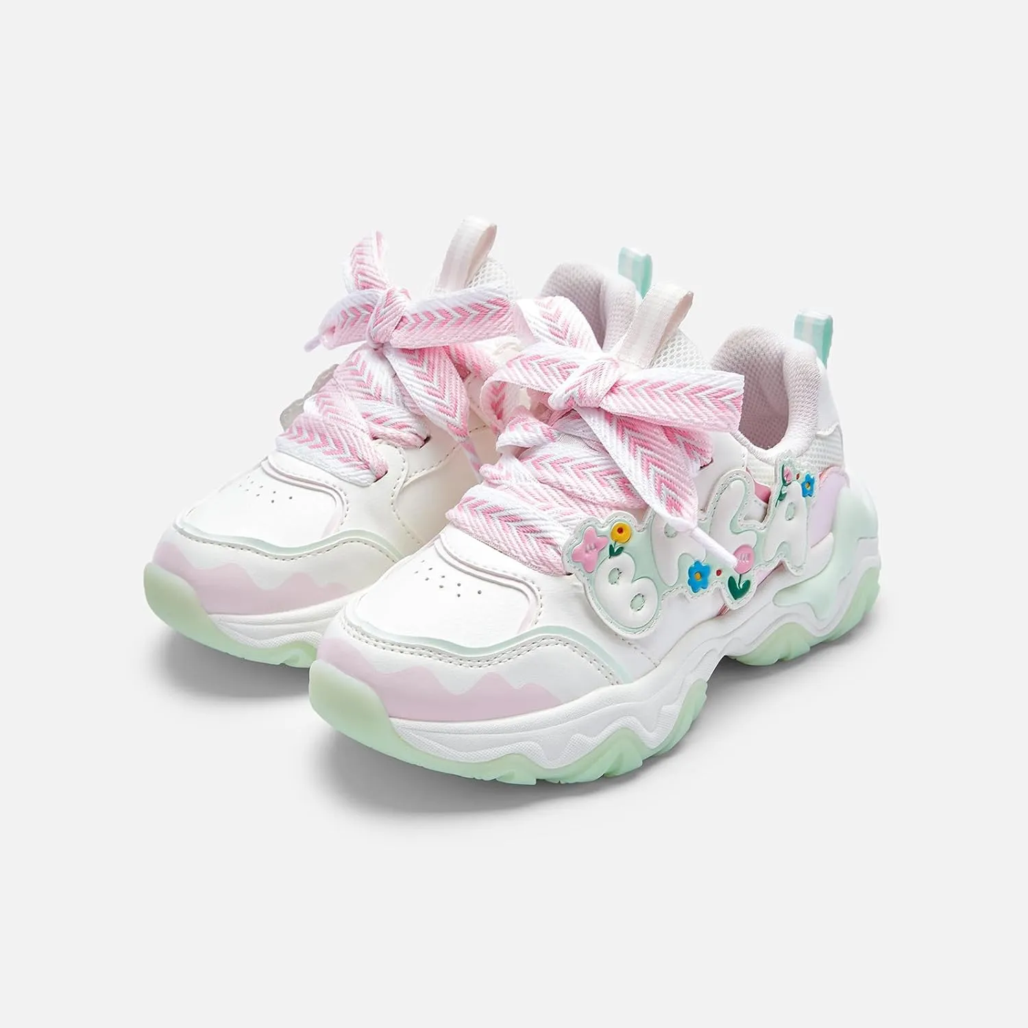 Balabala Girls Sneakers Kids Fashion Pop Shoes Breathable Sweet Cute Walking Shoes Puffy Soles Hook and Loop