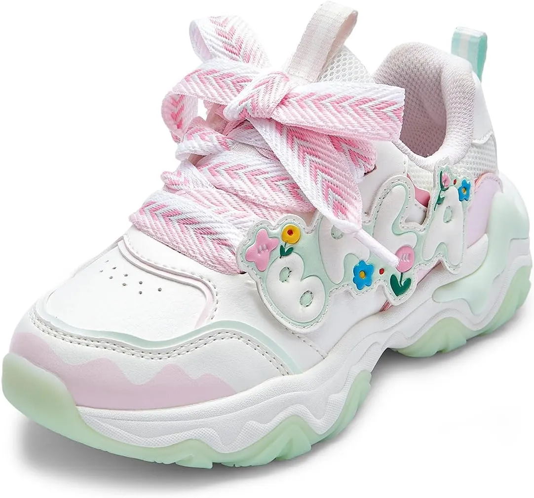 Balabala Girls Sneakers Kids Fashion Pop Shoes Breathable Sweet Cute Walking Shoes Puffy Soles Hook and Loop