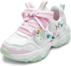 Balabala Girls Sneakers Kids Fashion Pop Shoes Breathable Sweet Cute Walking Shoes Puffy Soles Hook and Loop