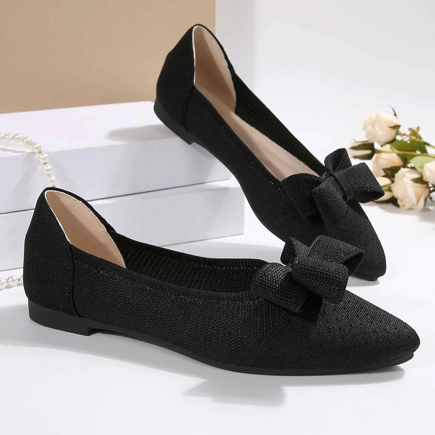 Ballet Flats Shoes for Women Mary Jane Flats Bowknot Dressy Comfortable Pointed Toe Slip On Ballerina Flat Shoes Comfortable and Elegant