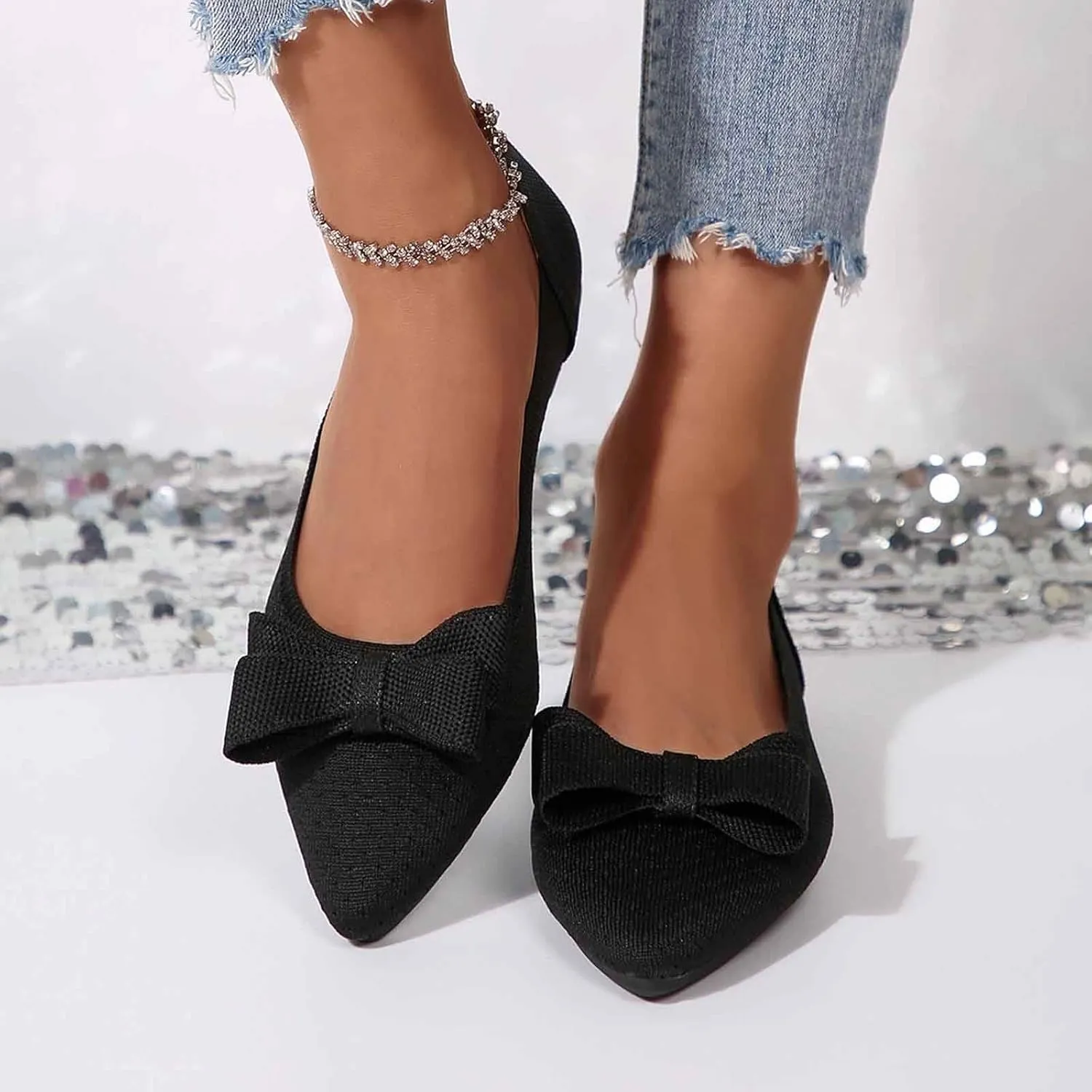 Ballet Flats Shoes for Women Mary Jane Flats Bowknot Dressy Comfortable Pointed Toe Slip On Ballerina Flat Shoes Comfortable and Elegant