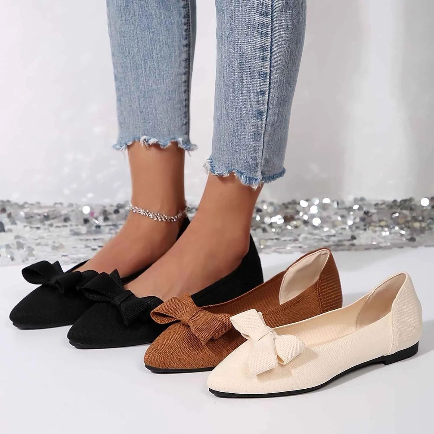 Ballet Flats Shoes for Women Mary Jane Flats Bowknot Dressy Comfortable Pointed Toe Slip On Ballerina Flat Shoes Comfortable and Elegant