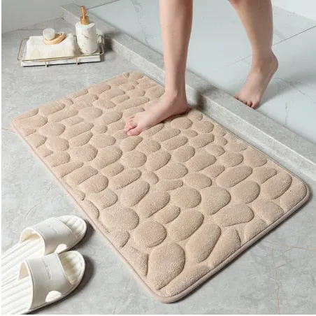 Bath Mat Cobblestone Memory Foam Coral Velvet Non-Slip Shower Floor Rug