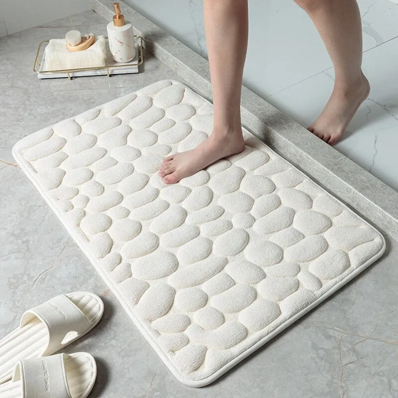 Bath Mat Cobblestone Memory Foam Coral Velvet Non-Slip Shower Floor Rug