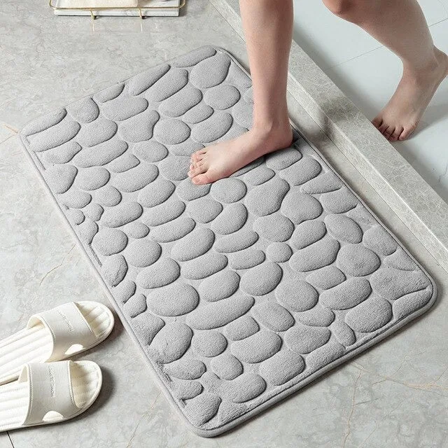 Bath Mat Cobblestone Memory Foam Coral Velvet Non-Slip Shower Floor Rug