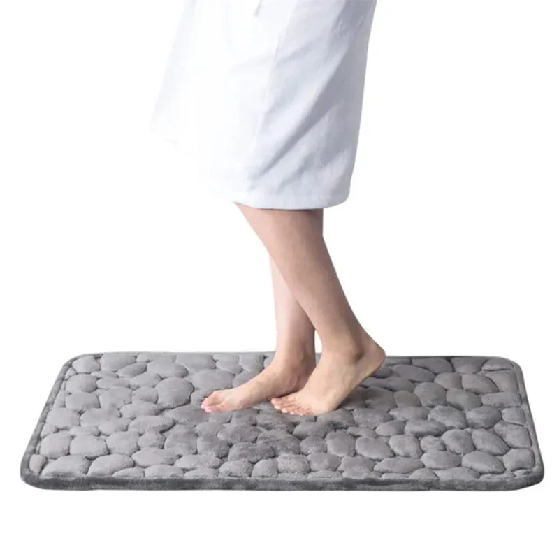 Bath Mat Cobblestone Memory Foam Coral Velvet Non-Slip Shower Floor Rug
