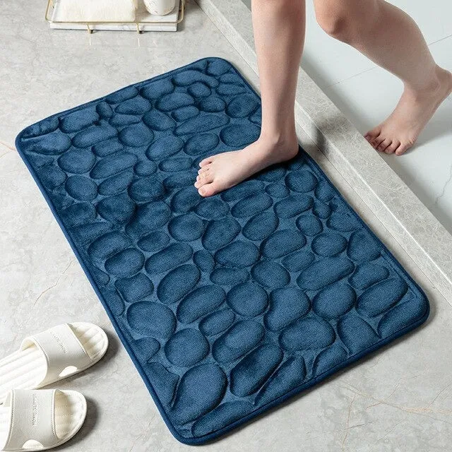 Bath Mat Cobblestone Memory Foam Coral Velvet Non-Slip Shower Floor Rug