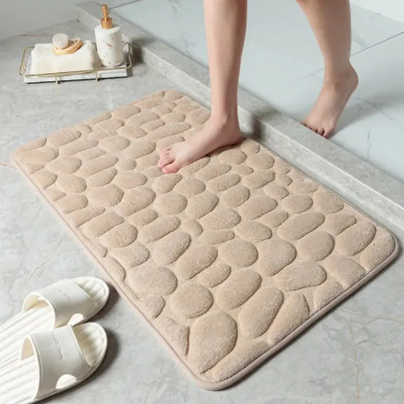 Bath Mat Cobblestone Memory Foam Coral Velvet Non-Slip Shower Floor Rug