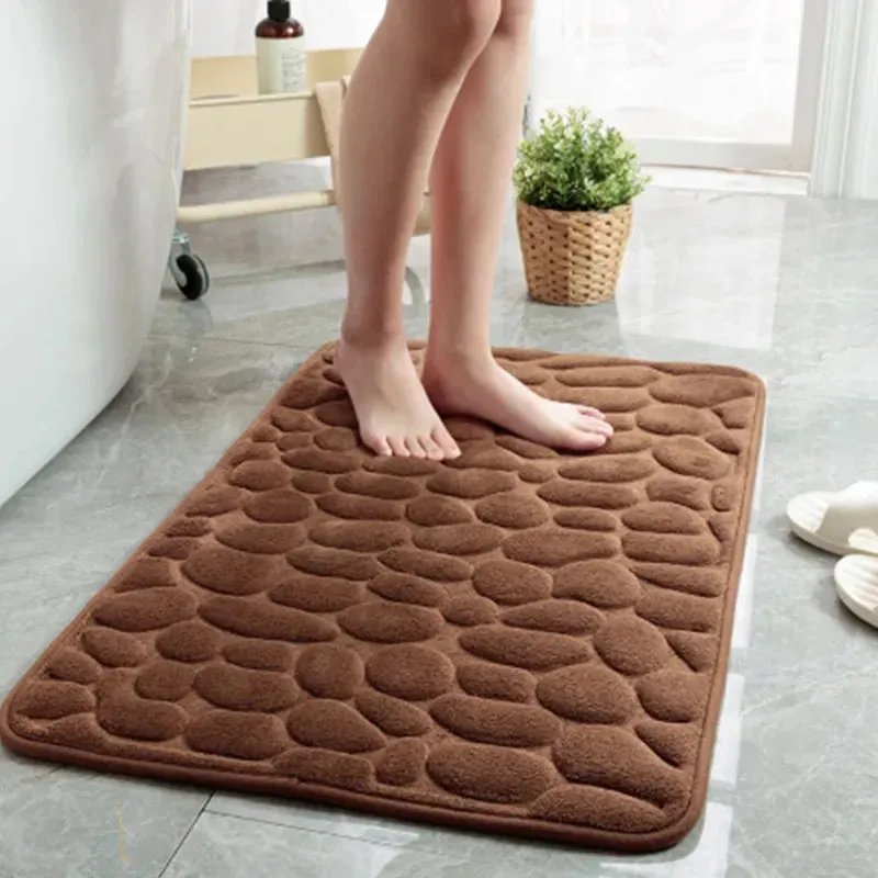 Bath Mat Cobblestone Memory Foam Coral Velvet Non-Slip Shower Floor Rug