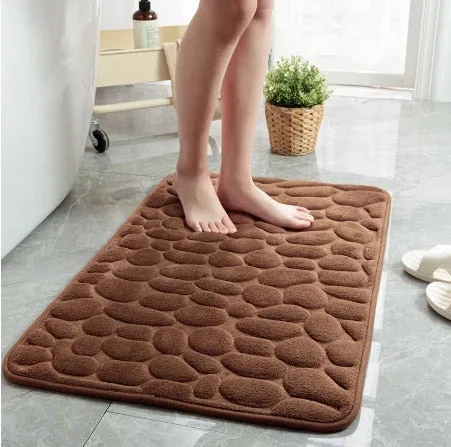 Bath Mat Cobblestone Memory Foam Coral Velvet Non-Slip Shower Floor Rug