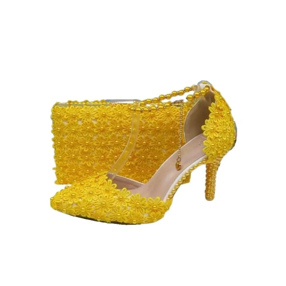 BAYA Women's Fashion Elegant Light Purple Flower Lace Design Wedding Shoes with Matching Handbag