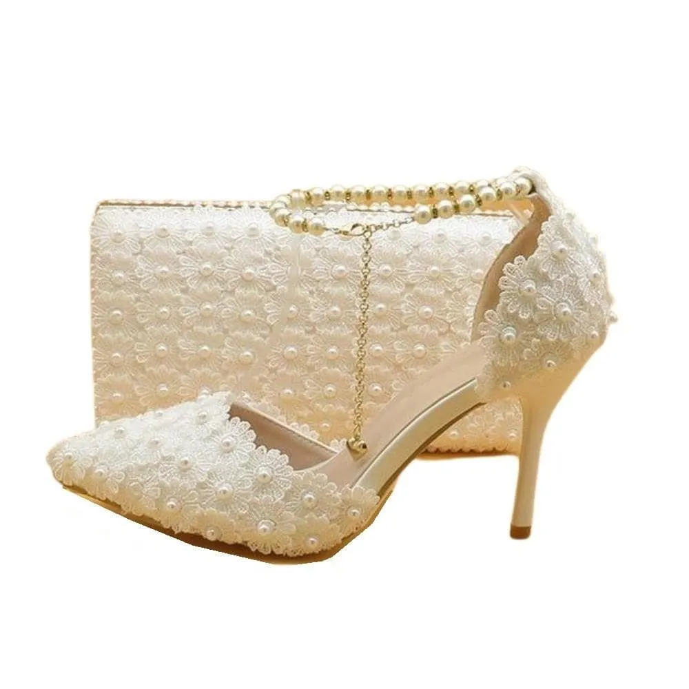 BAYA Women's Fashion Elegant Light Purple Flower Lace Design Wedding Shoes with Matching Handbag