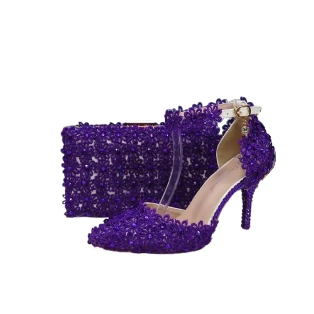 BAYA Women's Fashion Elegant Light Purple Flower Lace Design Wedding Shoes with Matching Handbag