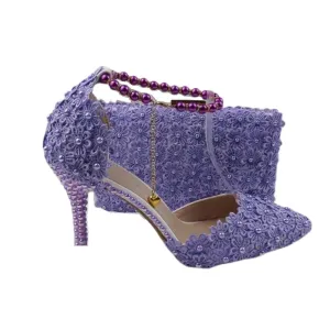 BAYA Women's Fashion Elegant Light Purple Flower Lace Design Wedding Shoes with Matching Handbag