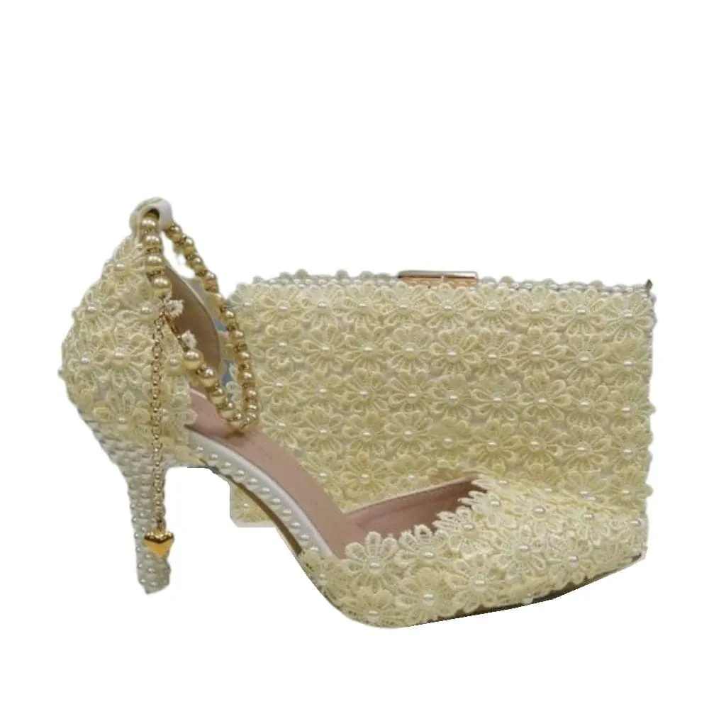 BAYA Women's Fashion Elegant Light Purple Flower Lace Design Wedding Shoes with Matching Handbag