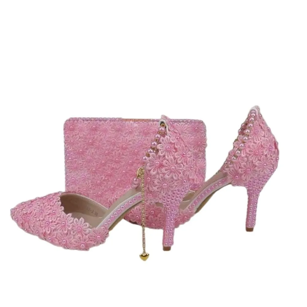 BAYA Women's Fashion Elegant Light Purple Flower Lace Design Wedding Shoes with Matching Handbag