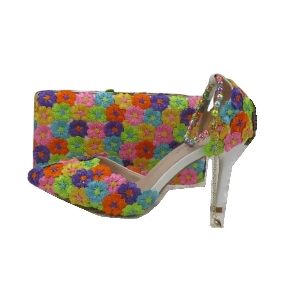 BAYA Women's Fashion Elegant Light Purple Flower Lace Design Wedding Shoes with Matching Handbag