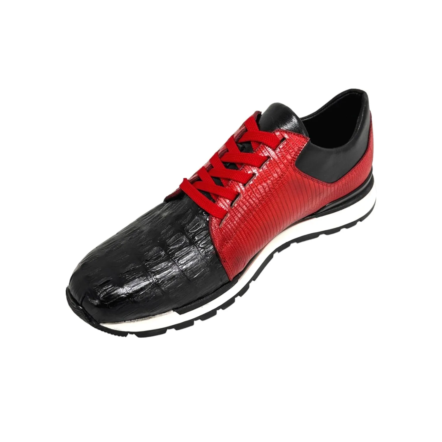Belvedere 33631 Titan Men's Shoes Black & Red Exotic Caiman Crocodile / Lizard / Calf-Skin LeatherCasual Sneakers (BV3144)