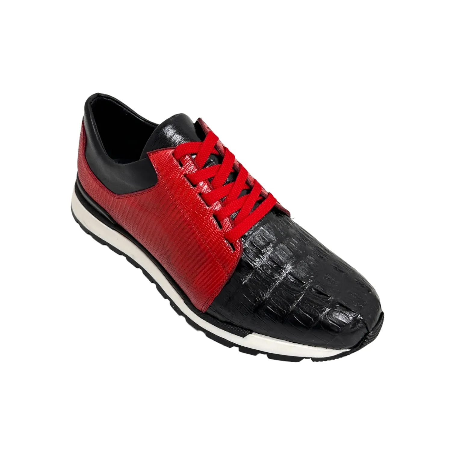 Belvedere 33631 Titan Men's Shoes Black & Red Exotic Caiman Crocodile / Lizard / Calf-Skin LeatherCasual Sneakers (BV3144)