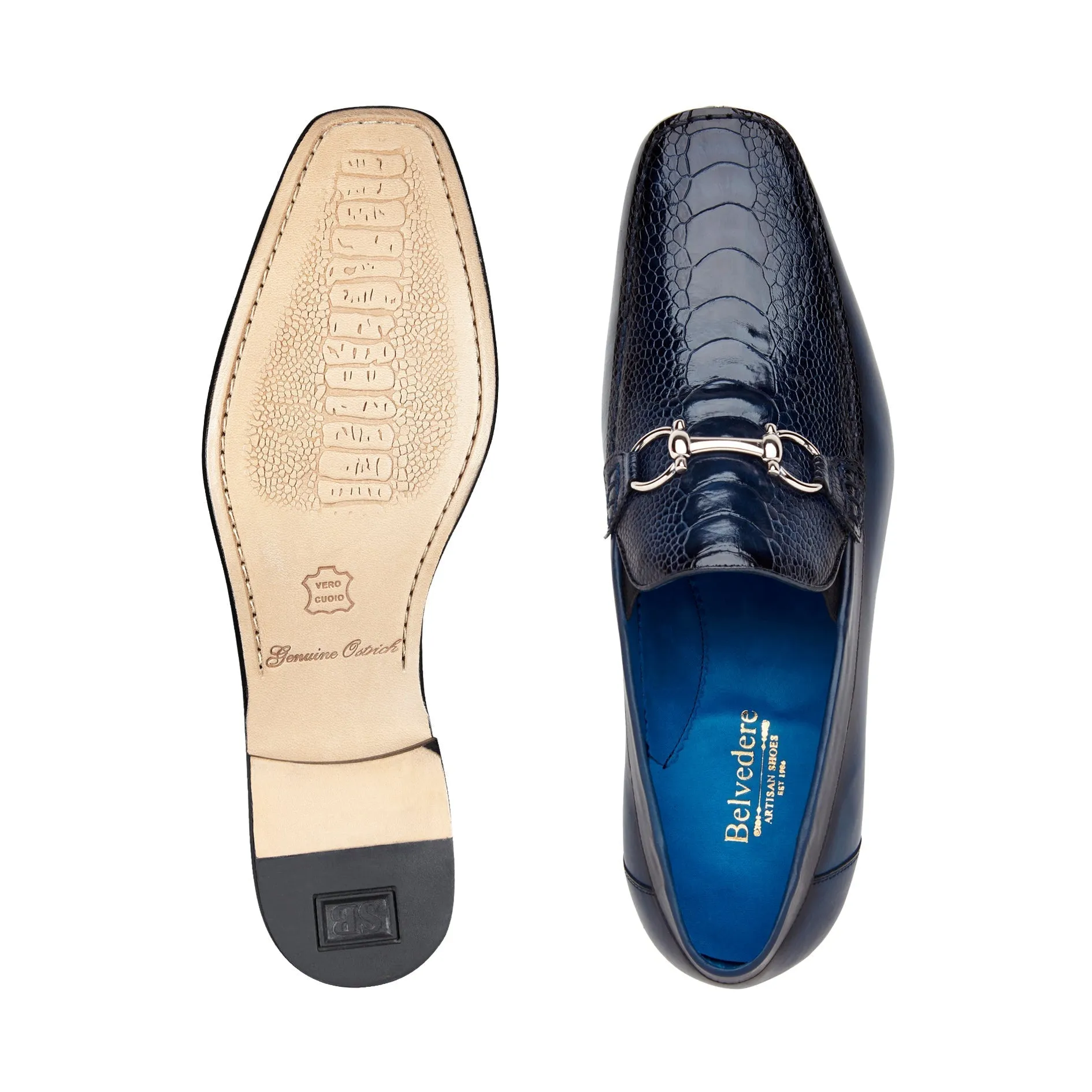 Belvedere Bruno 1026 Men's Shoes Black Exotic Ostrich / Calf-Skin Leather Horsebit Split-Toe Loafers (BV3072)