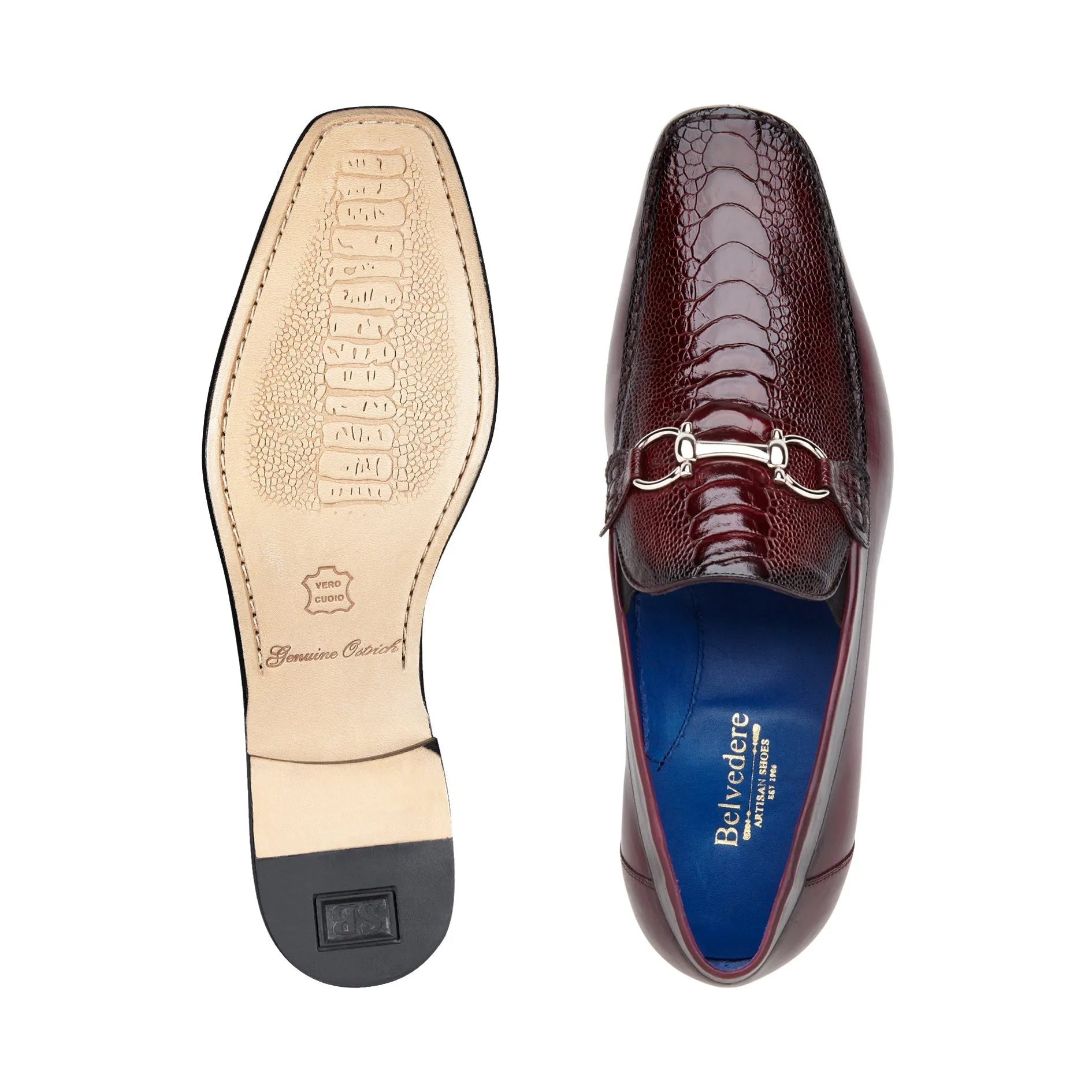 Belvedere Bruno 1026 Men's Shoes Black Exotic Ostrich / Calf-Skin Leather Horsebit Split-Toe Loafers (BV3072)