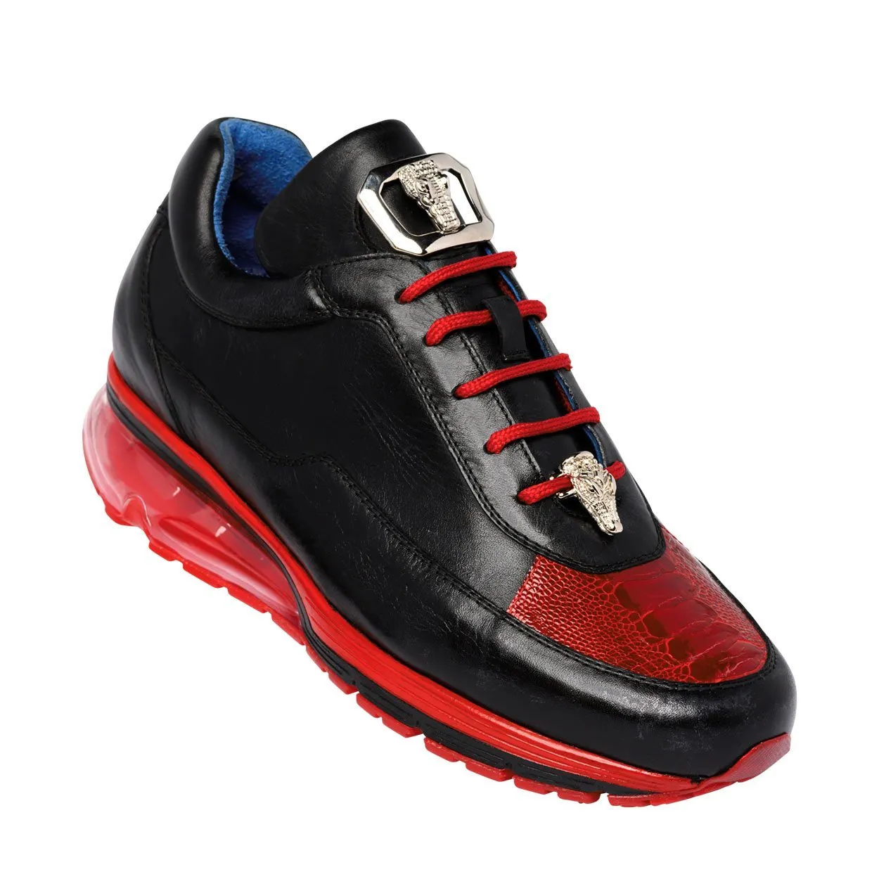 Belvedere E01 Flash Men's Shoes Black & Red Exotic Ostrich / Calf-Skin Leather Casual Sneakers (BV2966)