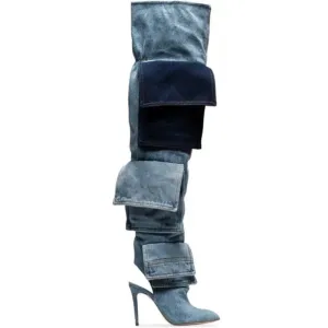 Blue Jeans Denim Pointed Toe Pocket Over The Knee High Heel Loose Thigh Long Boots