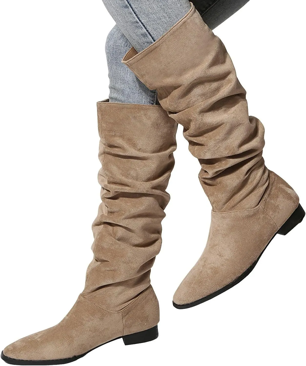 Boots for Women, Chunky Heel Pointed Toe Pleated Solid Color Knee High Boots Trendy Outdoor Comfortable Women Boots