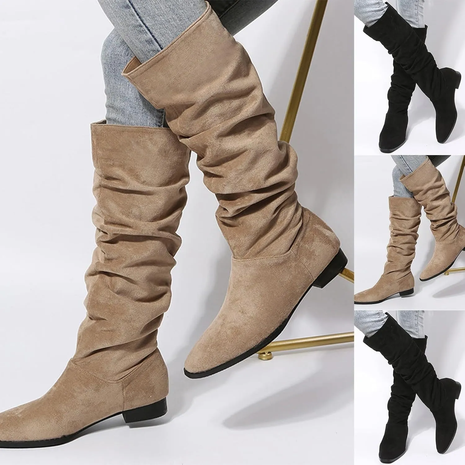 Boots for Women, Chunky Heel Pointed Toe Pleated Solid Color Knee High Boots Trendy Outdoor Comfortable Women Boots