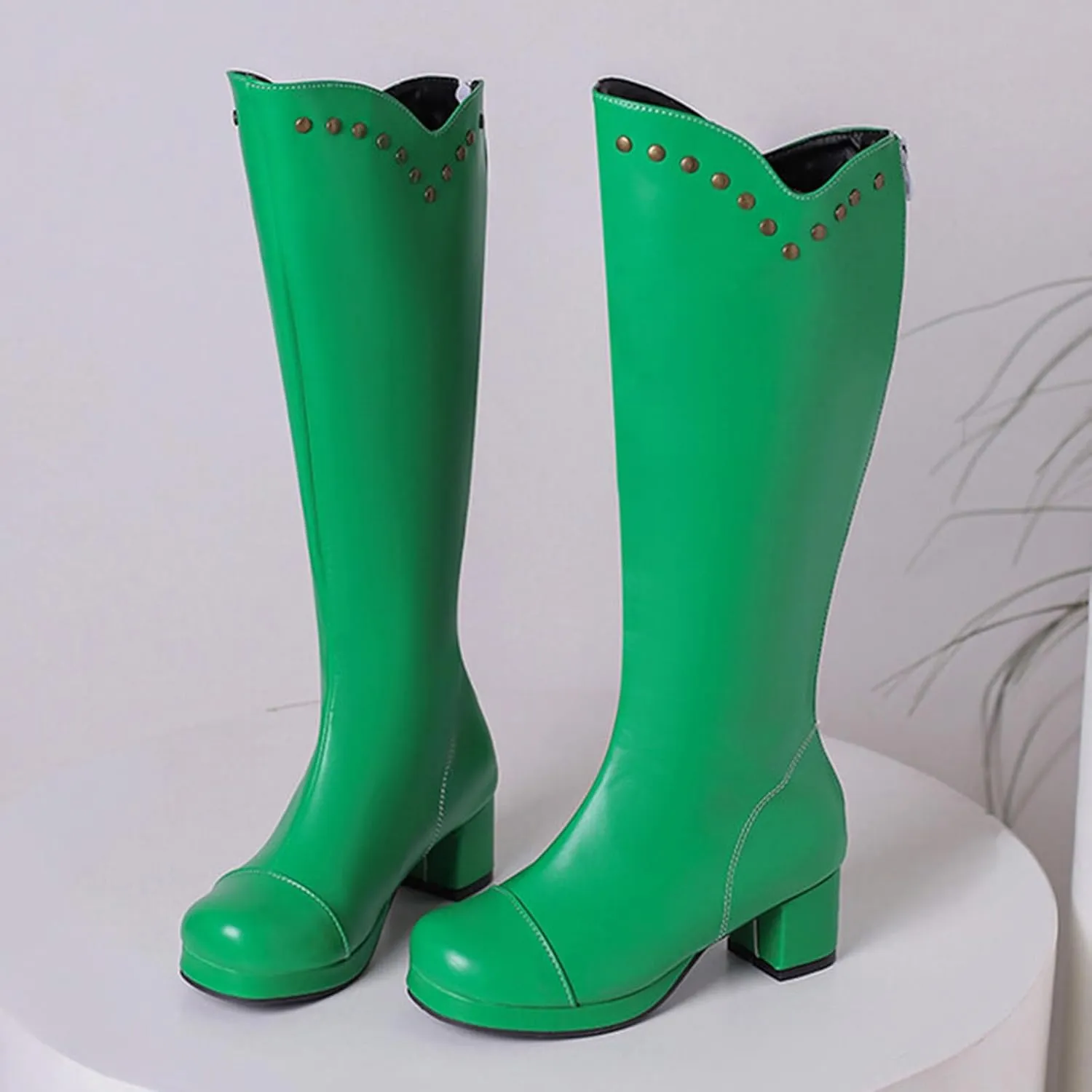 Boots for Women Chunky Heel Square Toe Knee High Boots Solid Color Platform Studded Casual Trendy Women Boots