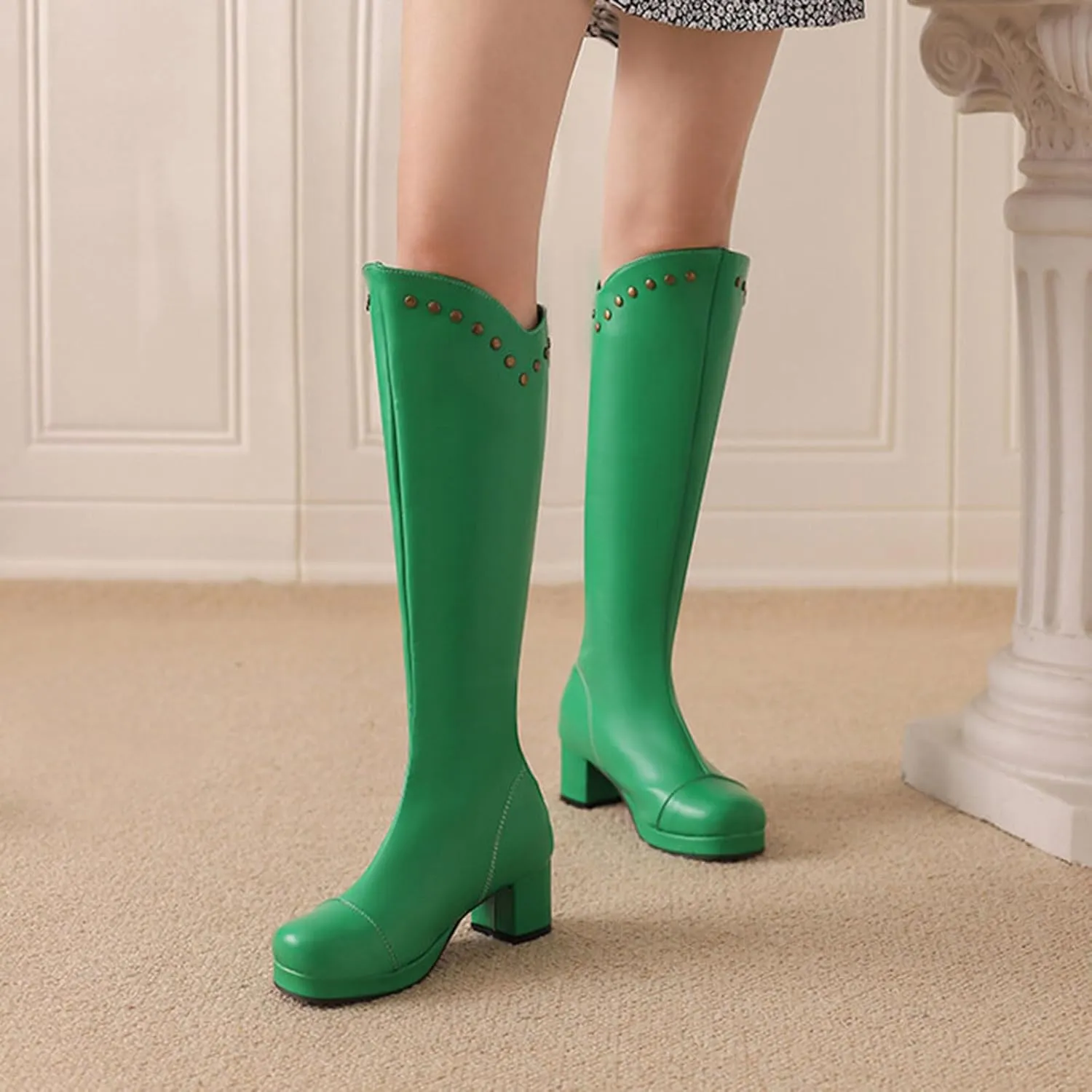Boots for Women Chunky Heel Square Toe Knee High Boots Solid Color Platform Studded Casual Trendy Women Boots