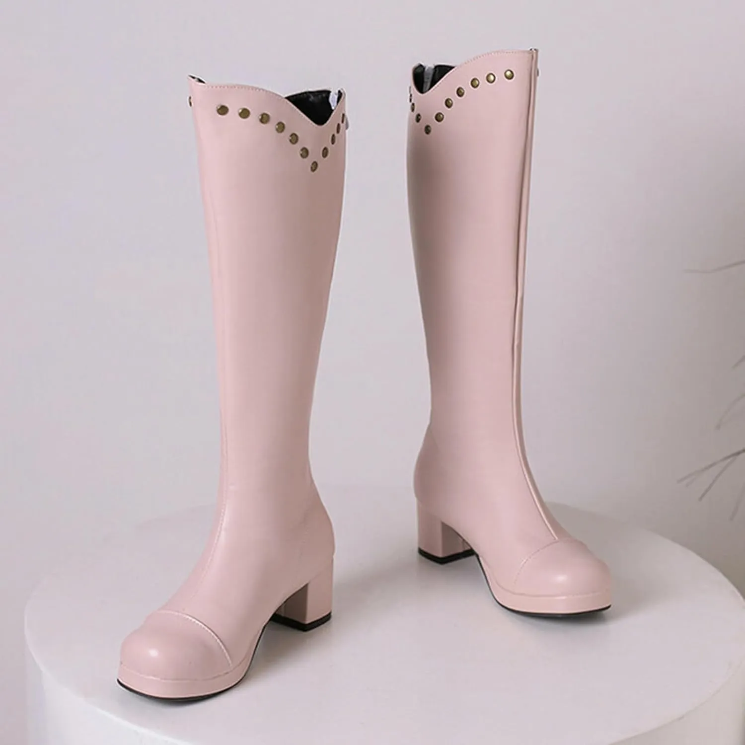 Boots for Women Chunky Heel Square Toe Knee High Boots Solid Color Platform Studded Casual Trendy Women Boots