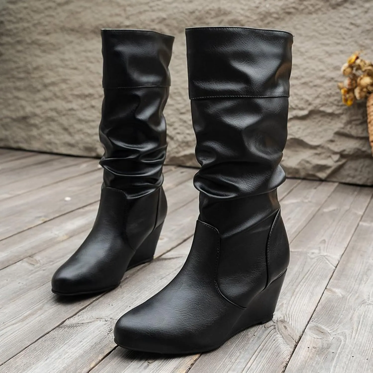 Boots for Women Platform Round Toe Wedge Retro Mid Calf Boots Solid Color Pleated Trendy Womens Boots