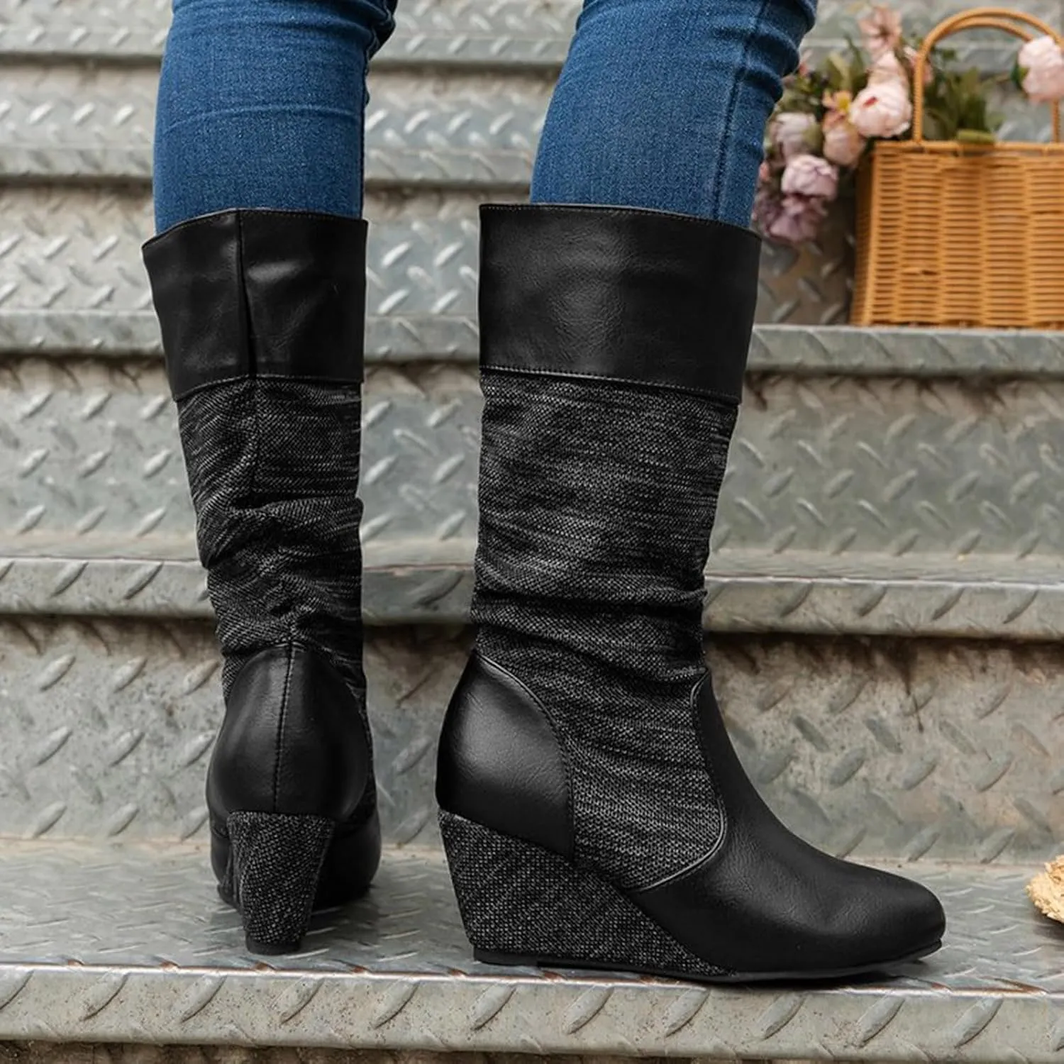 Boots for Women Platform Round Toe Wedge Retro Mid Calf Boots Solid Color Pleated Trendy Womens Boots