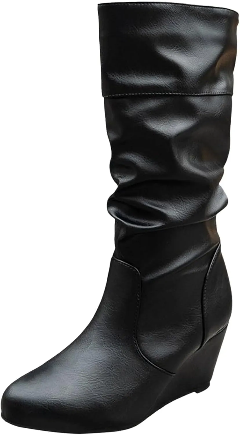 Boots for Women Platform Round Toe Wedge Retro Mid Calf Boots Solid Color Pleated Trendy Womens Boots