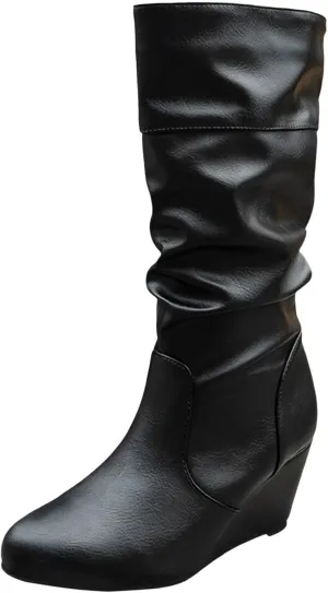 Boots for Women Platform Round Toe Wedge Retro Mid Calf Boots Solid Color Pleated Trendy Womens Boots