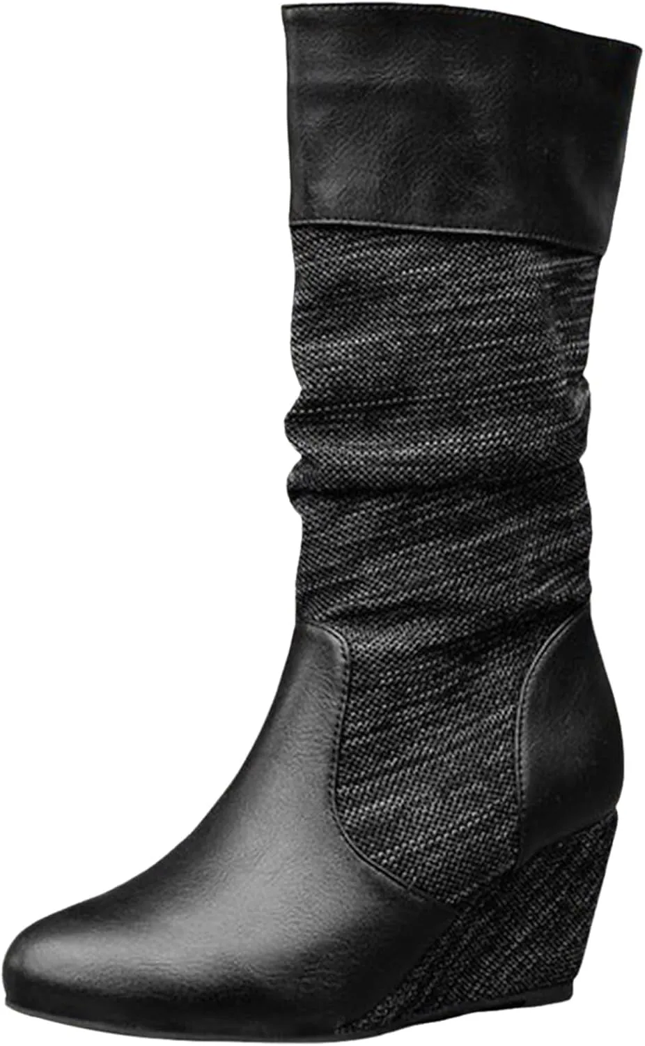Boots for Women Platform Round Toe Wedge Retro Mid Calf Boots Solid Color Pleated Trendy Womens Boots